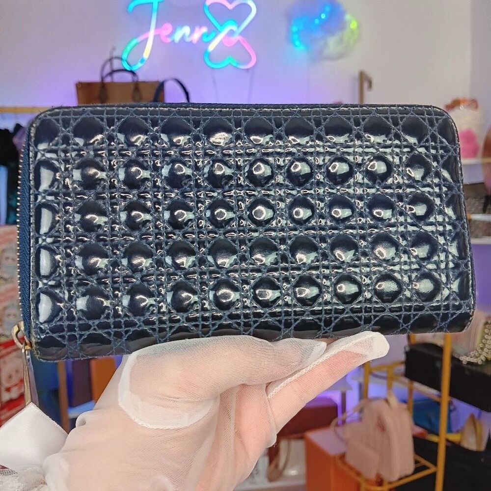Dior Lady Dior Cannage Dark Blue Teal Patent Leather Zip Wallet